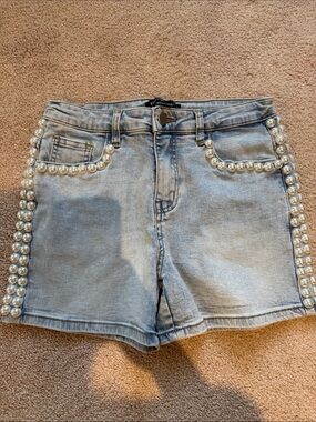 Boston Proper Light Blue Pearl-Trim Denim Shorts